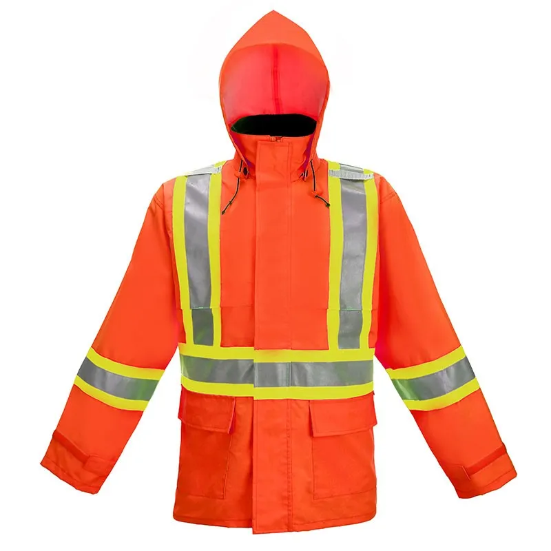 SFRJ05 High Visibility Waterproof Orange Safety Reflective Raincoat - Yellow Trim