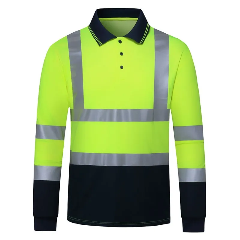 SFTE24 Class 2 Hi-Vis Shirts Yellow Navy Long Sleeve Reflective Polo Shirt Safety Work Shirt